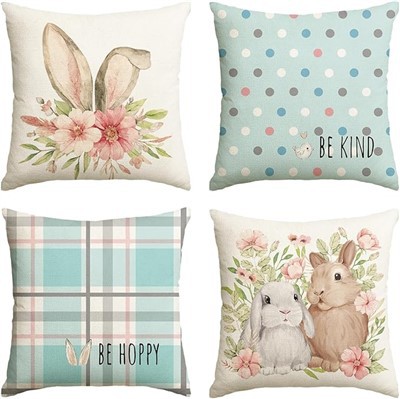 Paskalya Tavşanı Çiçek Manda Ekose Puantiyeli Kuş Yastık Kılıfı - Kanepe Kanepe Dekorasyonu (4'lü Set)